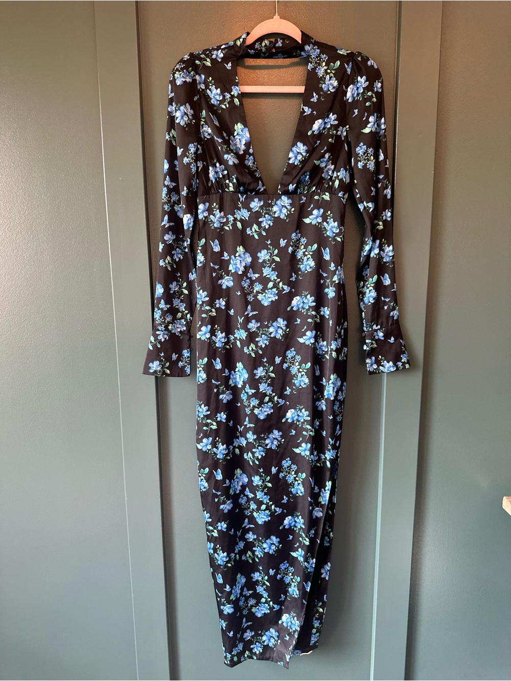 Majorelle Long Sleeve Black Floral Maxi Dress with Blue Flowers